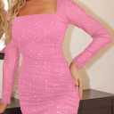 MOEENCN Women Mesh Dress Sparkly Long Sleeve Square Collar Pleated Bodycon Dresses Party Night Club Outfits (Pink, S)