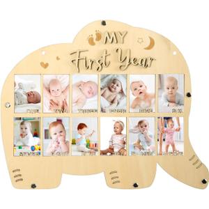My First Year Picture Frame, One Year Of Photo Board, Baby's First Twelve Months Photo Collage and Gender Neutral Keepsake, Ideal for Baby Shower, New Mom Keepsake Gift and Nursery Decor - With Stand (Elephant sign)