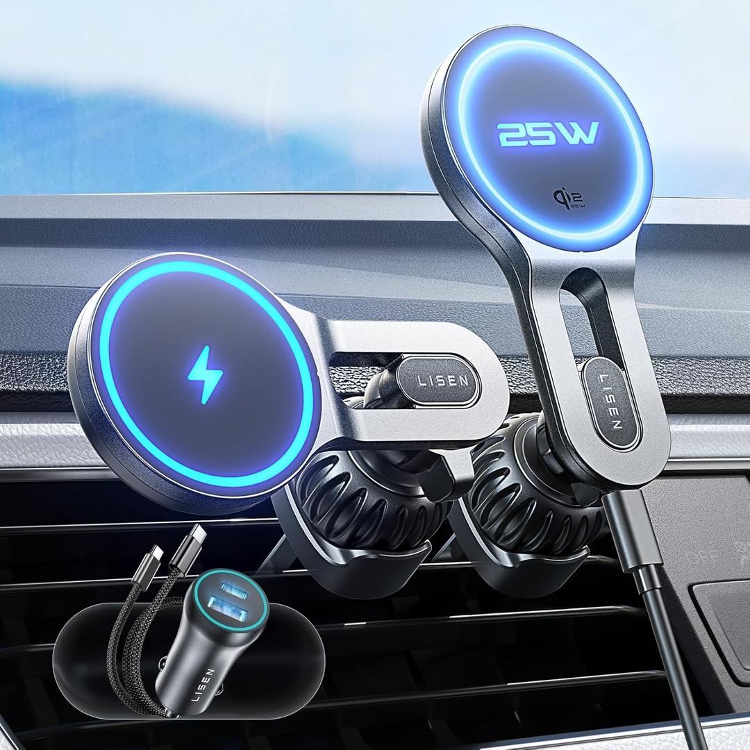 LISEN for Qi2.2 25W MagSafe Car Mount Charger, [Stable & Fast Charging] Magnetic Wireless Car Charger, Car Phone Holder Charger Fits iPhone 17 Pro Max Plus Air 16/15/14/13/12 Series,Pixel 10 Pro XL (Compact/Small, Black)