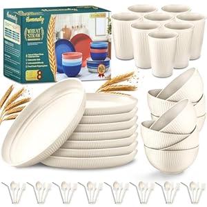 Hommaly Wheat Straw Dinnerware Sets,56-Piece Plates and Bowls Sets for 8-Unbreakable,Reusable Plastic Dish Set-Dinner Plate/Cereal Bowl/Cup/Utensils-Microwave Dishwasher Safe 56P-Oecan Coral