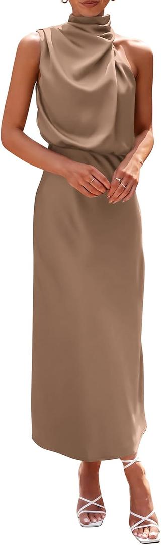 PRETTYGARDEN Women's 2026 Summer Satin Dress Elegant Sleeveless Mock Neck Cocktail Party Maxi Dresses (Champagne) Small