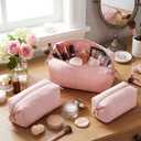 Meanplan 3 Pcs Pink Makeup Bag Quilted Travel Toiletry Bag Set Puffy Makeup Bags Preppy Cosmetic Pouch for Women Cute Wide Open Pink Cosmetic Bags Make up Organizer Purse Pouch Preppy Case with Zipper 