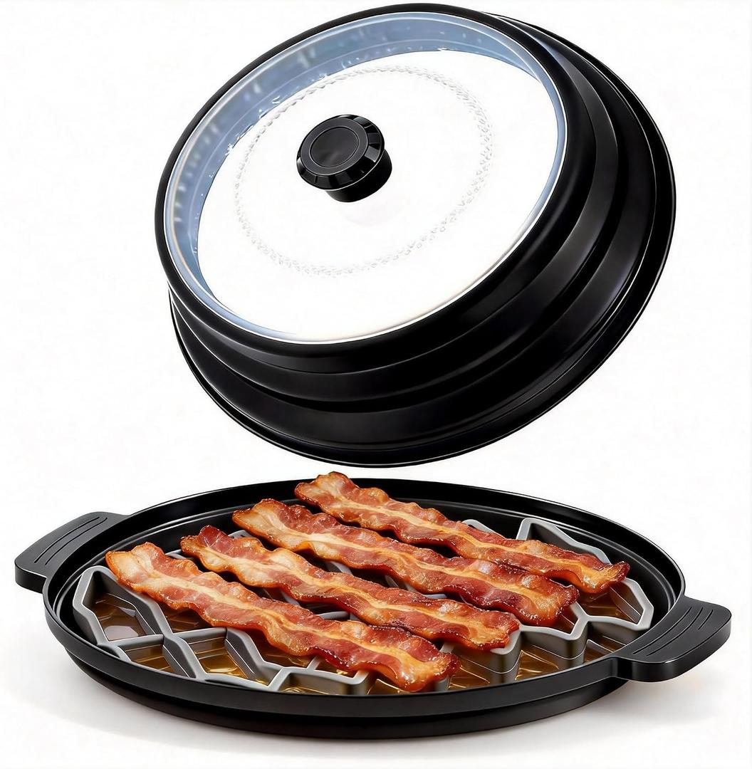 3-Piece Microwave Bacon Cooker and Splatter Cover Set - Collapsible Microwave Lid with Silicone Grease Draining Rack and Oil Collection Tray - BPA-Free Crispy Bacon Tray for Healthier Cooking