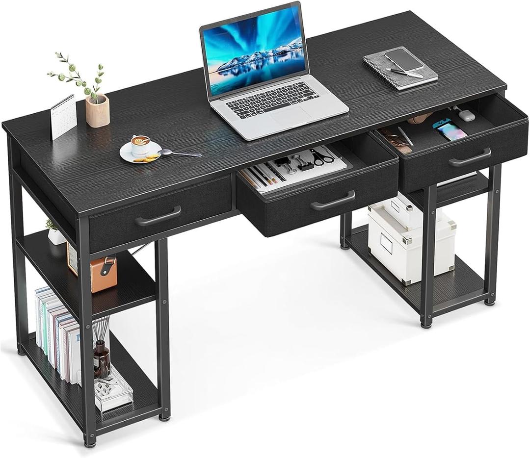 ODK Office Small Computer Desk: Home Table with Fabric Drawers & Storage Shelves, Modern Writing Desk, Black, 48"x16"