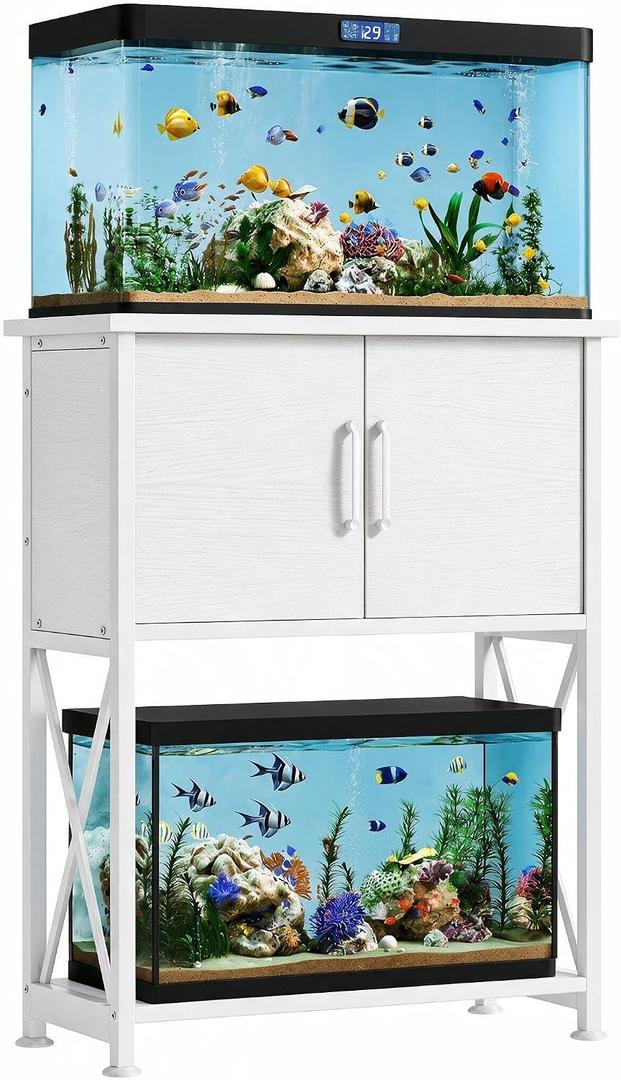 5-10 Gallon Fish Tank Stand, Metal Double Aquarium Stand with Cabinet for Fish Tank Accessories Storage, Heavy Duty 20.5" L* 11.02" W Tabletop, 500LBS Capacity White PG06YGW