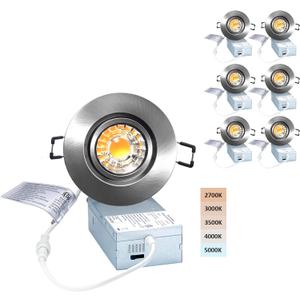 Canless Recessed Gimbal Downlight Rotatable-Spotlight 5 CCT Eyeball Ceilling Potlight, Dimmable Lights Fixture with Junction Box, 8W CCT Adjustable (Brushed Nickel, 3 Inch)