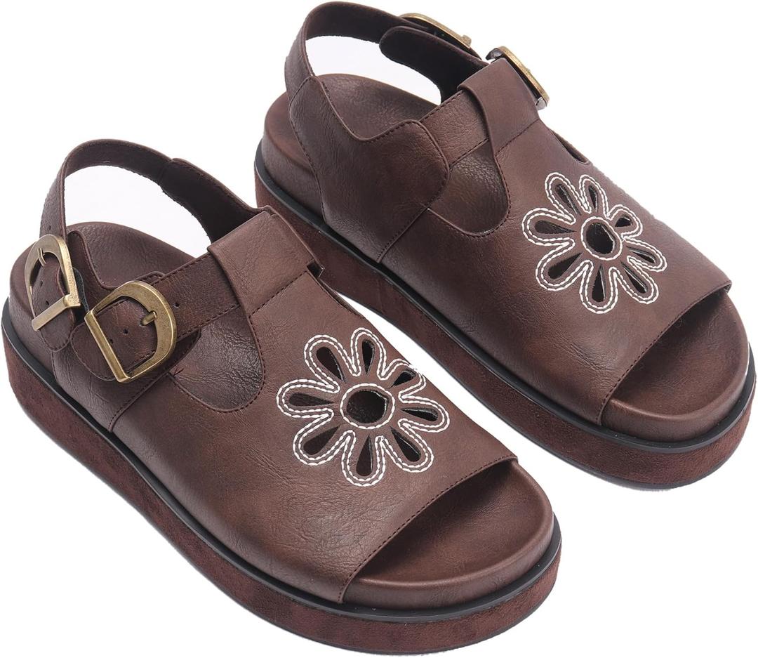 Brown Flower Platform Sandals for Women with Adjustable Buckle Back Strap Comfort Summer Open Toe Slip on Slingback T-Strap Beach Sandals. (8.5)