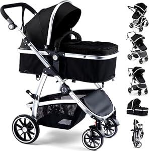 Hagaday Baby Stroller, 2-in-1 Reversible Toddler seat with Bassinet Mode, Foldable Infant Stroller with Canopy, One Button Brake, Adjustable Handle, Newborn Pushchair(Black)