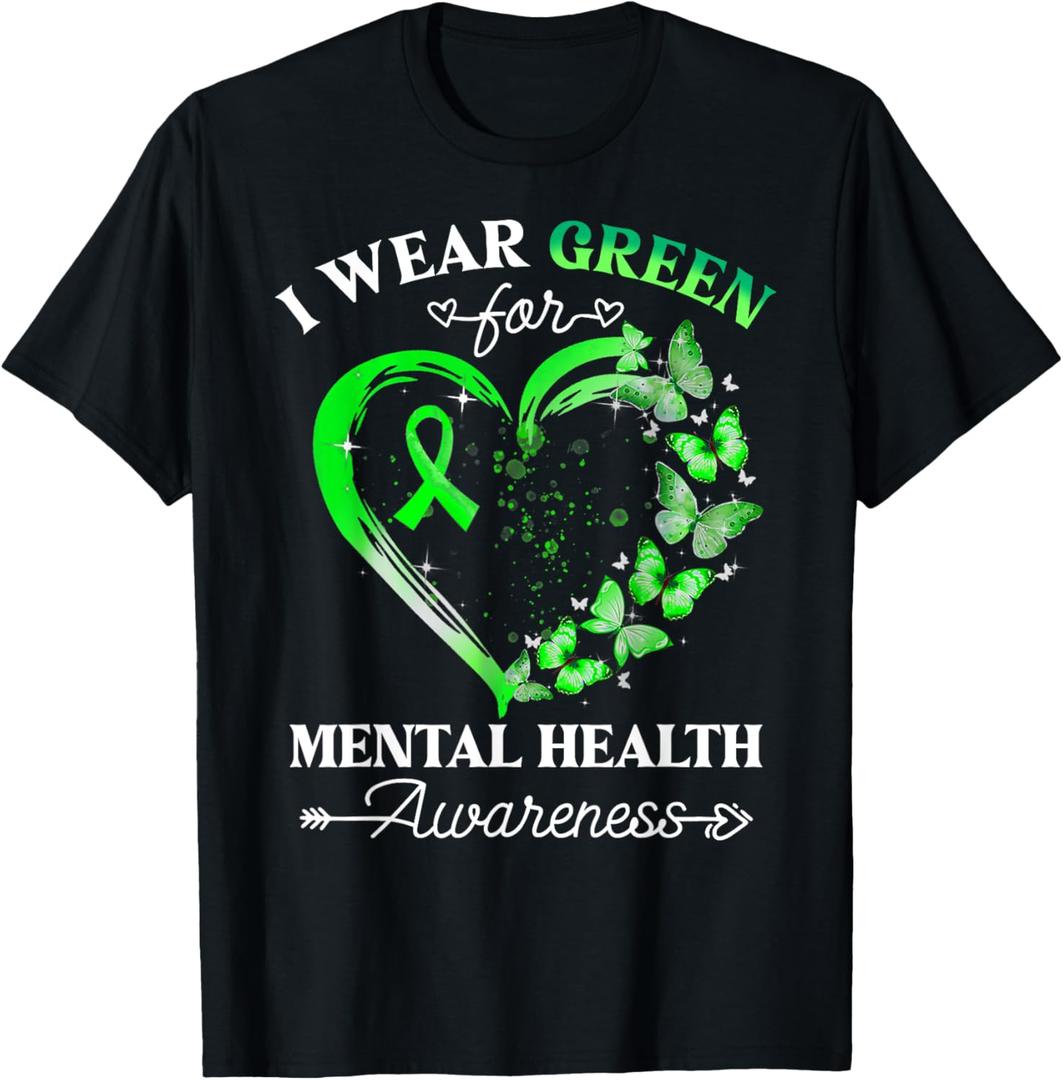 I Wear Green For Mental Health Awareness Butterfly Heart T-Shirt (XL, Black)