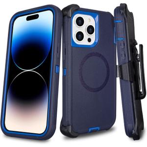 Defender for iPhone 14 Pro Max Case with Belt Clip Holster, [Compatible with MagSafe] Heavy Duty Rugged Shockproof Anti-Drop Full Body Protective Case for iPhone 14 Pro Max, 6.7 Inch (Navy+Blue)