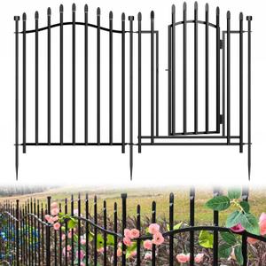 10 Panels No Dig Decorative Garden Fence with Gate - 32in H x 22.5ft L, Reinforced Square Tube Rustproof Tall Animal Barrier for Dogs & Rabbits, Outdoor Yard Border Fencing