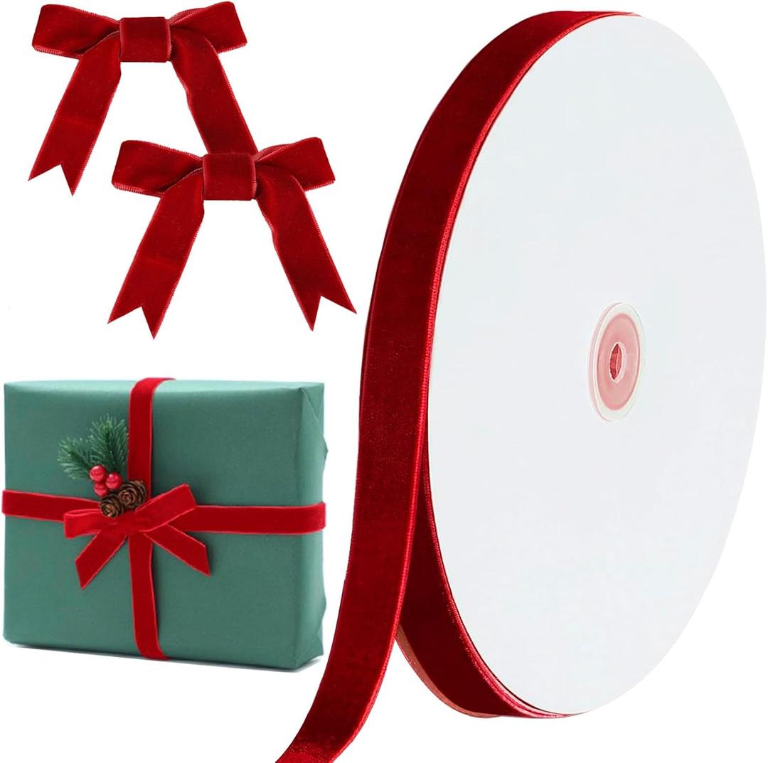 Christmas Burgundy Velvet Ribbon, 5/8 Inch x 30 Yard Vintage Single Face Spool Satin Velvet Ribbon for Christmas Wreath Decoration DIY Bow Craft Gift Wrapping Wedding Ornaments Party Home Decor