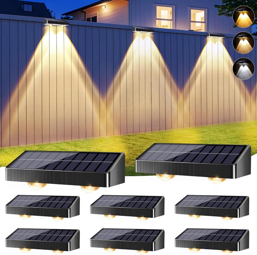 BrizLabs Solar Fence Lights Outdoor, 3 Colors (2700K/4500K/6500K) & 6 Modes Solar Wall Lights, 8 Pack 250lm LED Patio Deck Light IP65 Waterproof Fence Lighting for Outside Backyard Patio Railing Pool (Warm White + Nature White + Cool White)