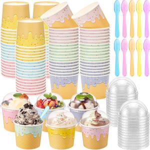 60 Set 4oz Ice Cream Paper Cups with Lids and Spoons, Disposable Sundae Bowls, Dessert Cups for Birthday Party Supplies, Ice Cream Bowls Bulk for Yogurt, Snacks