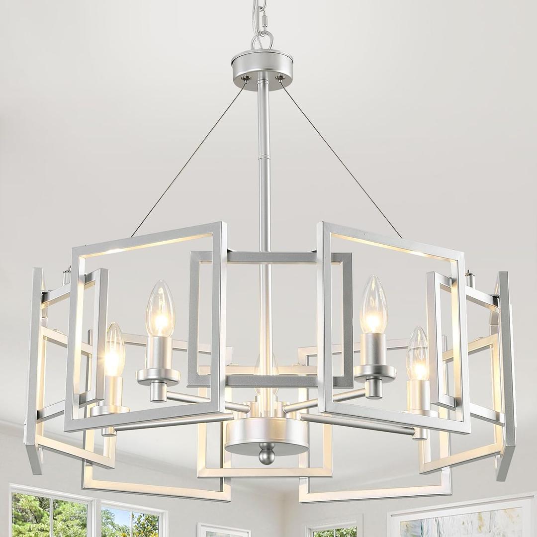 ZGLAOJT Modern Chandelier Chrome Geometric Pendant Lighting Fixture 5-Light Metal Farmhouse Chandelier for Dining Room Living Room entryway Kitchen Bedroom Island (Silver)