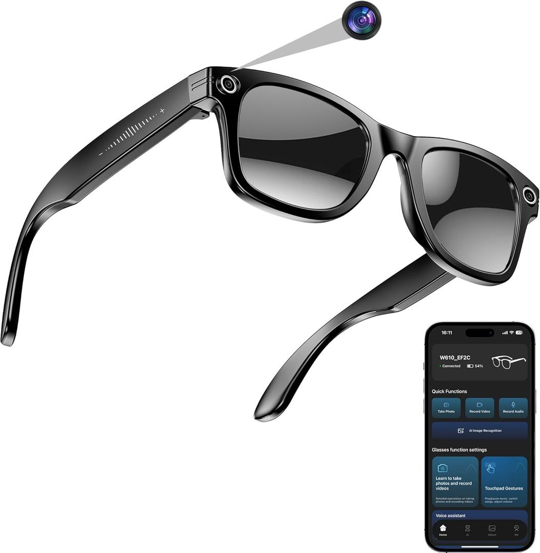 AI Smart Camera Glasses for Men Women, 4K Photography,1080P HD Video Recording,Real-Time Translation, Open-Ear Audio,Voice Assistant, Lightweight (Black Frame-Black Lens)