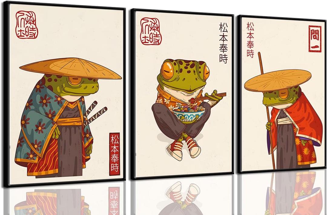3Pcs Vintage Japanese Frog Wall Art Cute Funny Japan Samurai Frog Posters Prints Japanese Matsumoto Hoji Painting Pictures Eclectic Animal Canvas Wall Decor Unframed (green, 16x24 Unframed)