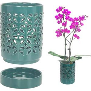Ceramic Orchid Pot 4 Inch, Orchid Pots with Holes, Plant Pot for Repotting, Flower Planter Pot Indoor Outdoor, Breathable Slotted Orchids Planter Green (Carved)