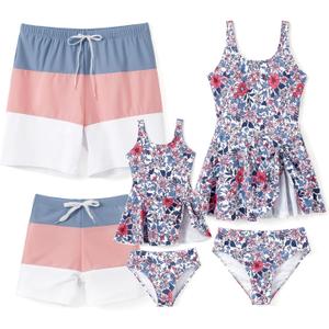 PATPAT Family Matching Swimwear Floral Pattern Tankini Swimsuits and Swim Trunks (Large, Purple Ditsy Print)