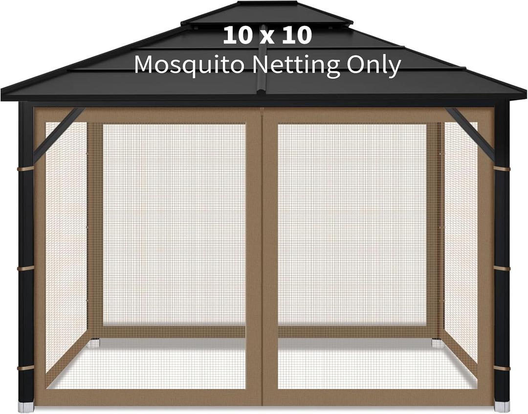 Gazebo Replacement Mosquito Netting Outdoor Universal Gazebo Canopy 4-Panels Screen Sidewalls with Zipper for Patio Garden (Brown, 10x10)