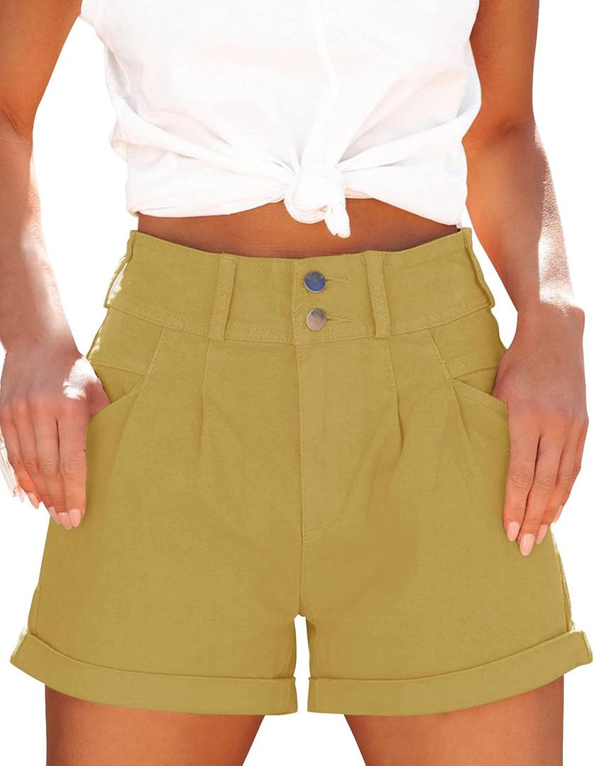 Womens Relaxed Fit Casual High Waist Pocketed Denim Shorts (Yellow)