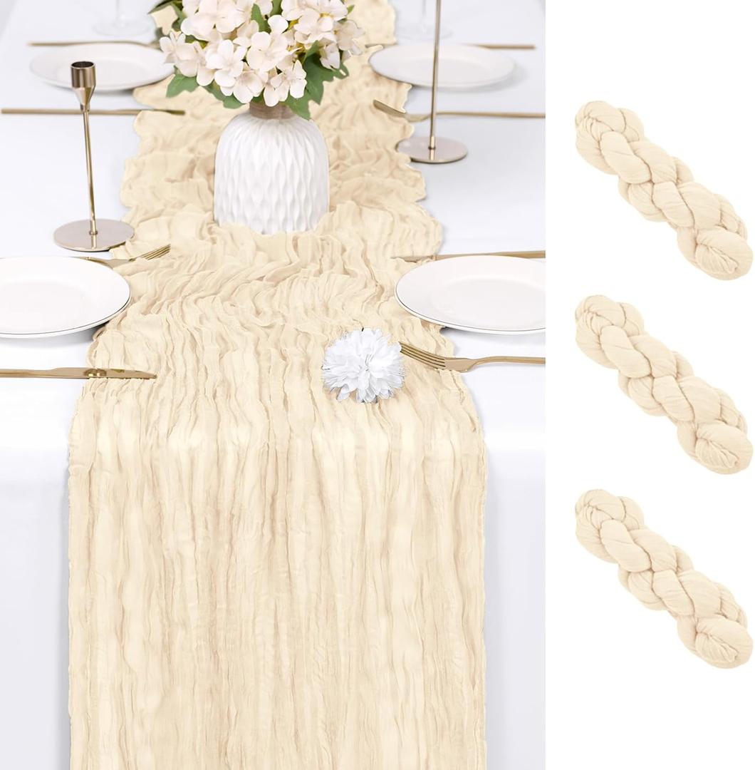3 Pack Ivory Cheesecloth Table Runner 17x108 Inch Semi Sheer Boho Gauze Cheese Cloth Fabric Table Runners Table Decor for Wedding Party Baby Shower Birthday Home Decor Garden Farmhouse