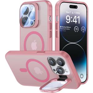 VOFATA for iPhone 13 Pro Max Case with Camera Cover Stand [Built-in 9H Camera Lens Protector][Fit for Magsafe] Military Grade Shockproof Translucent Matte Magnetic Phone Case 6.7",Pink