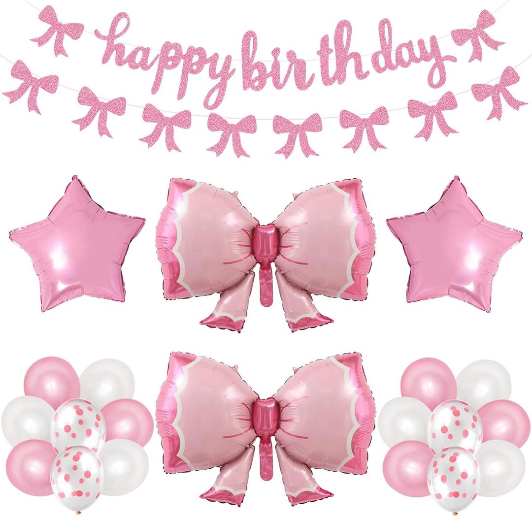Phoaxul Cute Pink Bow Birthday Decorations for Girls, Glitter Happy Birthday Banner, Bow Balloons, Pink Party Decorations for Women, Baby Girl Shower, Princess Bday Party Supplies