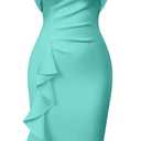 Memoriesea Women's Vintage Church Ruffle Sleeve Ruched Bodycon Work Midi Pencil Dress (X-Large, Lake Blue)