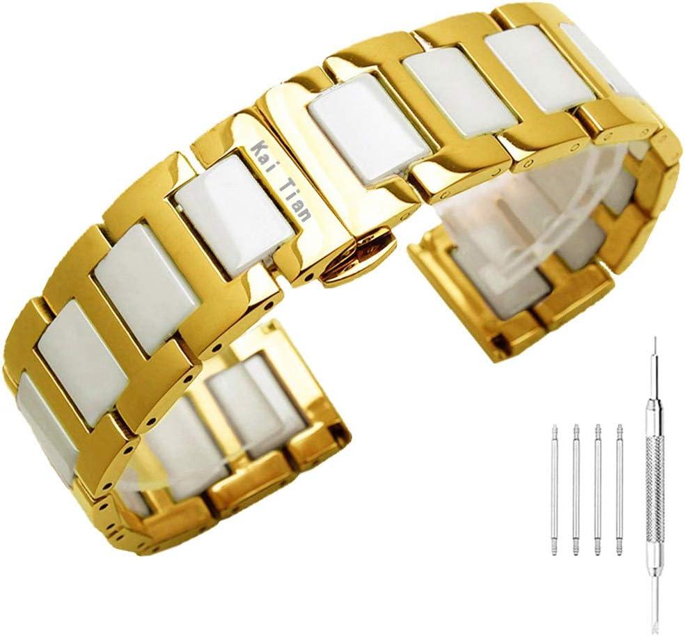 Kai Tian Stainless Steel Ceramic Watch Band Links 18mm/20mm/22mm Watch Wrist Bands Mens Watch Bracelet with Butterfly Buckle