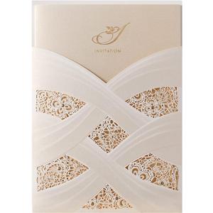 Hosmsua 50PCS Blank Wedding Invitations Kit Laser Cut light Gold Hollow Foil Flora Lace Sleeve Pocket with Envelopes for Quinceanera Wedding Invitation (Beige, 50PCS)