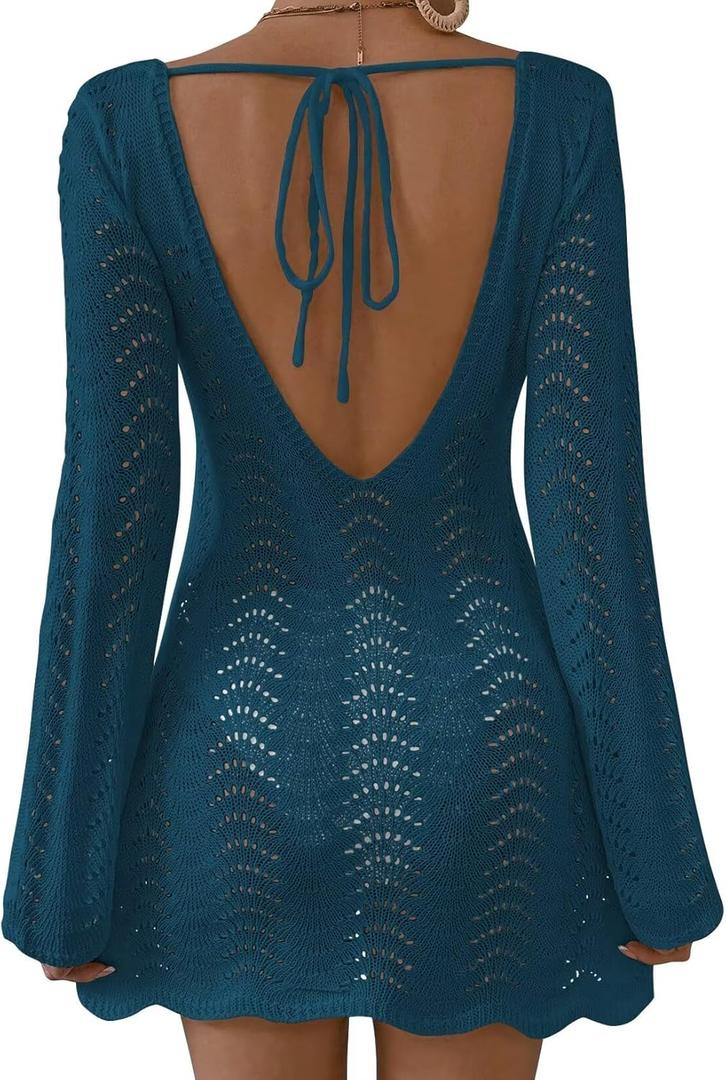 Falechay Womens Swimsuit Cover Up Long Sleeve Crochet Bathing Suit Mesh Backless Cover Ups Summer Beach Vacation Outfits 2026,Large