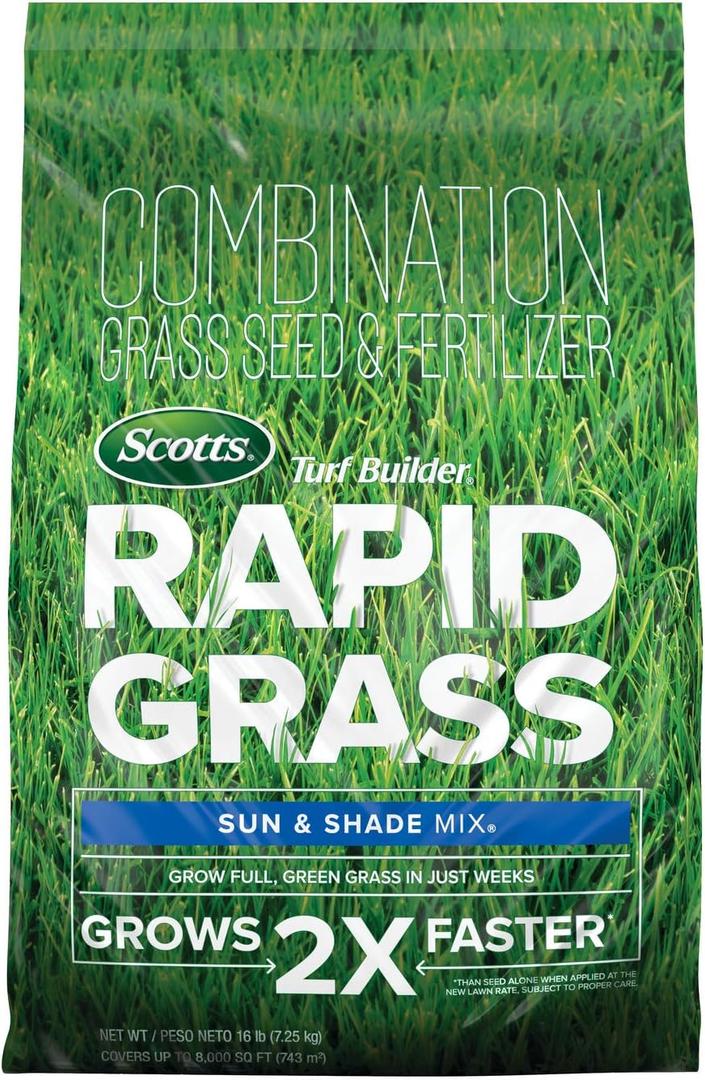 Scotts Turf Builder Rapid Grass Sun and Shade Mix - Combination Grass Seed & Lawn Fertilizer, Covers Up To 8,000 sq. ft., 16 lb. (EXP 06/30/30)