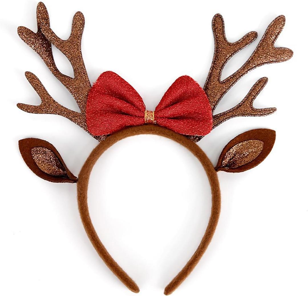 AIUPUOC Reindeer Antlers Headband Christmas Hair Accessories for Women Gold Reindeer Ears Red Glitter Antlers Headband (Average)