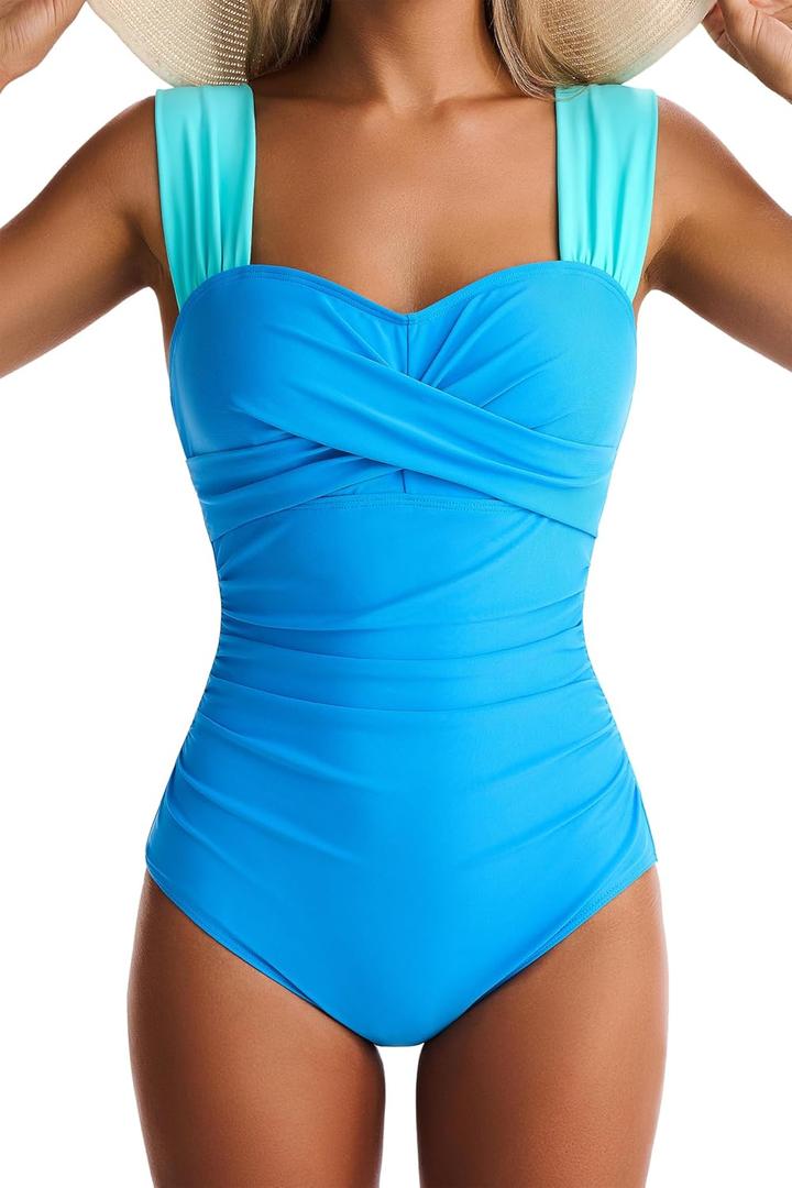 Womens One Piece Swimsuits Tummy Control Bathing Suits Modest Full Coverage Swimsuit Wide Straps Swimwear (Large, Blue)
