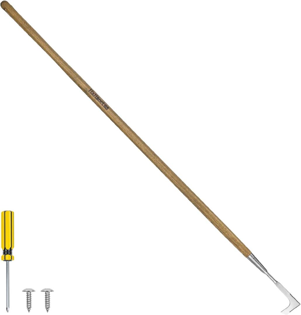 Haliaeetus Long Handle Crack Weeder Tool, 62'' L-Shape Stainless Steel Crevice Weeding Tool, Comfortable Wood Handle Paver Weeder, Sidewalk Weed Removal Tool for Driveway, Bricked Patio,Terrace Paving