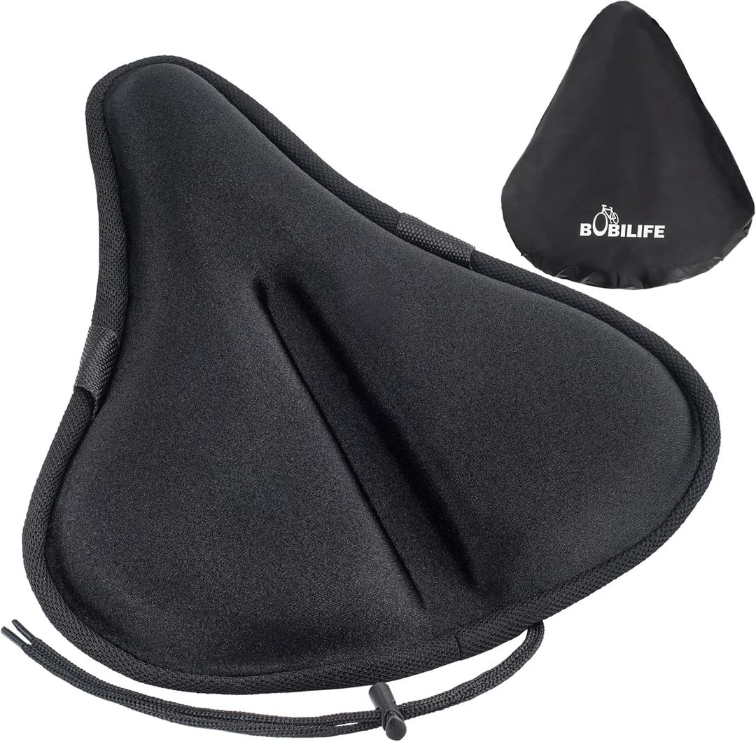 Thick & Wide Gel Bike Seat Cushion Pad with Rainproof Cover - Comfortable Silicone Gel Memory Foam Bicycle Saddle Seat Cushion with UV Protection (XL ( 12"W x 13"L))