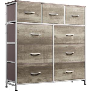WLIVE 9-Drawer Dresser, Fabric Storage Tower for Bedroom, Hallway, Nursery, Closet, Tall Chest Organizer Unit with Fabric Bins, Steel Frame, Wood Top, Easy Pull Handle, Greige