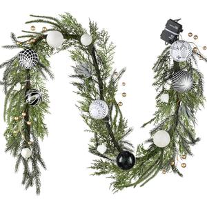 Decorbyhannah Christmas Garland with Lights, 6ft Lighted Norfolk Pine Garland with Boho Ornaments, Battery Operated Artificial Greenery Christmas Decorations for Mantle(Boho Black & White)