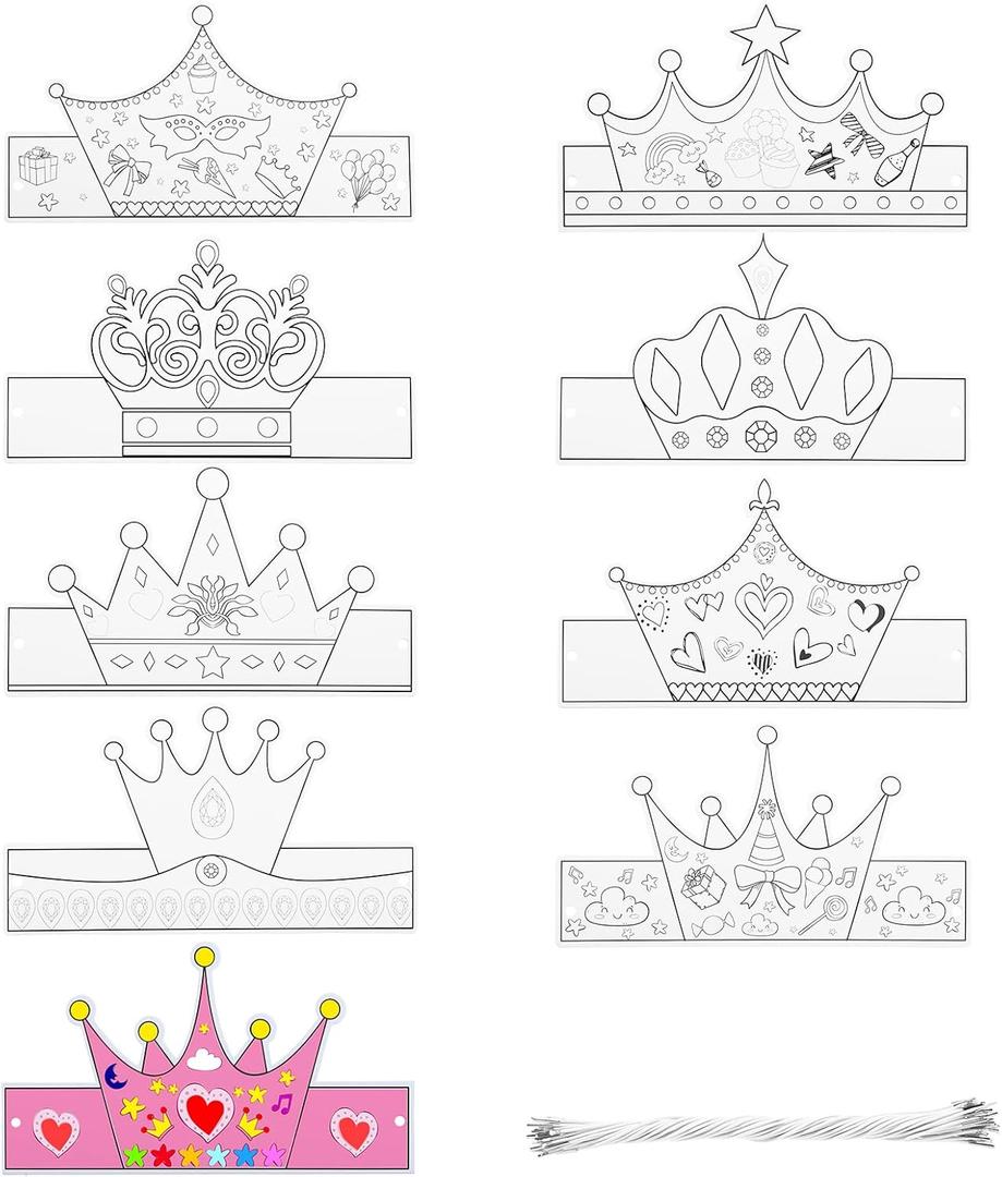 Teling 36 Pcs DIY Paper Crowns to Color Your Own Crowns Kit Coloring Birthday Craft with Elastic Cord for Kids Adults, 9 Designs