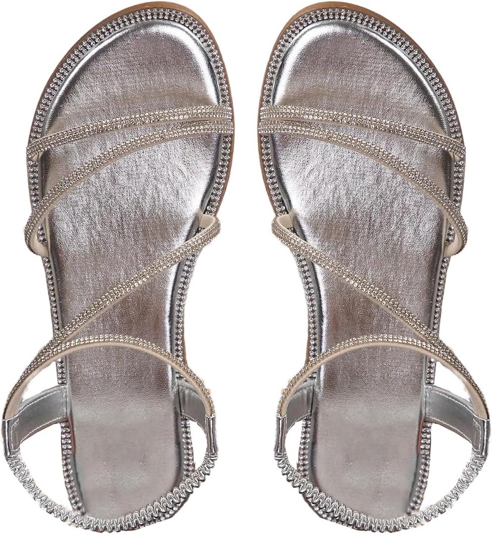 GORGLITTER Women's Rhinestone Flat Sandals Dressy Glitter Open Toe Sparkly Dress Summer Beach 2026 Slides Shoses, 41