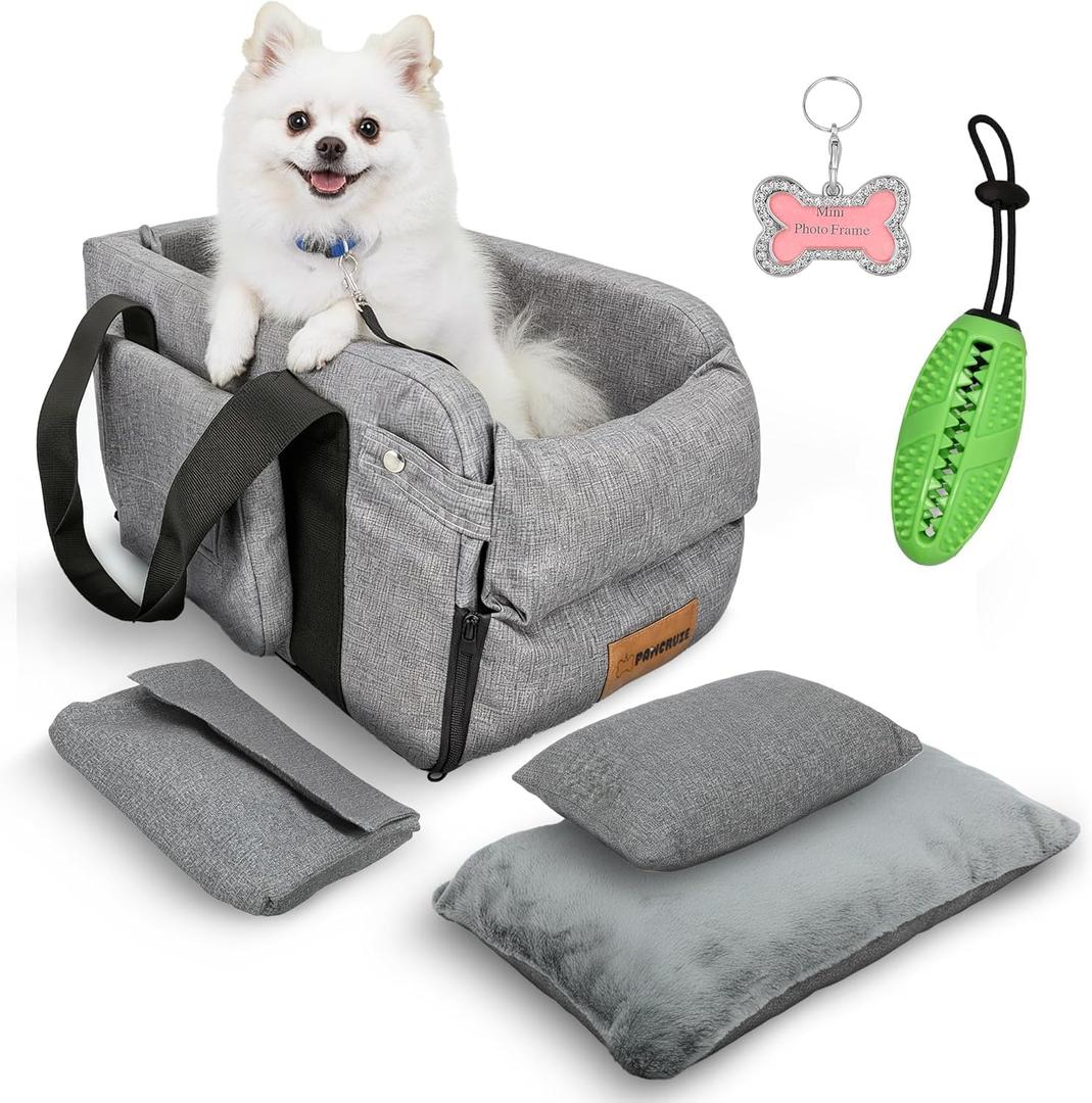 Center Console Dog Car Seat for Small Dogs & Puppies - Travel Carrier for Console with Built-in Safety Leash, Foldable Design, Dual-Sided Cushion, Puppy Booster & Bonus Yellow Chew Toy (Green)