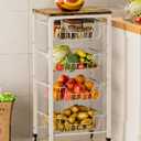 Fruit Vegetable Storage Cart for Kitchen, 5-Tier Vegetable Stand Rack with Pull-Out Metal Wire Baskets, Snack Organizer with Wood Top & Banana Holder for Pantry, Living Room, Bathroom, White