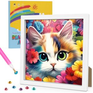 Genius maker Diamond Art Kits for Kids with Frame, Cat Diamond Art Kits Painting for Kids, Diamond Gem Art for Girls Boys, Painting Arts and Crafts for Home Room Decor(7x7inch), Pack of 3