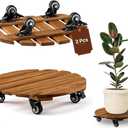 THYOI 2 Pack 14 Acacia Wood Plant Caddy with Lockable 360 Caster Wheels, 300 LB Heavy Duty Rolling Stand for Indoor Outdoor Planter Pots, Wooden Dolly for Patio (Golden Teak, Round)