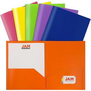 4 x JAM PAPER Plastic 2 Pocket POP Folders - Durable School Folders - Assorted Primary Colors - 6/Pack
