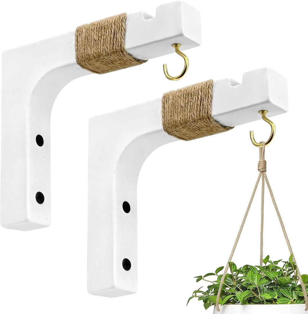 2 Pack Plant Hanger Hooks for Indoor Hanging Plants, Farmhouse Wooden Hanging Basket Wall Hooks for Outdoor Flower Pots Lanterns Wind Chime Lights Garden Decoration (White)