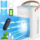 FANCOLE Small Air Conditioner, 5400mAh Battery, 2 Ice Packs Evaporative Air Cooler, 7H Smart Timer & 16.5ft Remote, 7-Color Light, 1200ML Water Tank, 3 Speed & 2 Cool Mist Portable AC Unit for Bedroom
