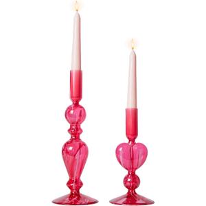 DN DECONATION Pink Glass Candle Holders Set of 2 Heart Taper Candle Holders for Valentine's Day, Candlestick Holder Wedding Decorations, Farmhouse Home Coffee Table Decor & Housewarming Gifts