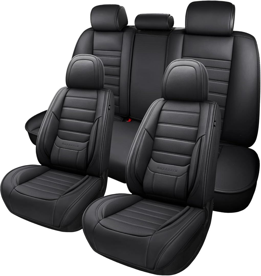 Black Car Seat Cover with Lumbar Support, Car Seat Protector Waterproof, Nappa Leather Car Seat Cushion, Car Seat Covers Front Seats and Back Fit for Most Cars (Full Set)